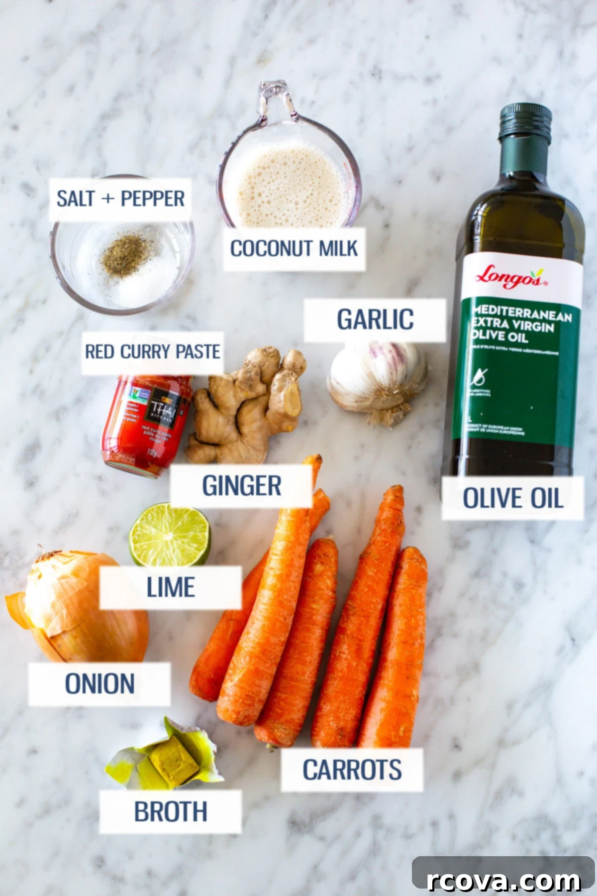 Velvety Vegan Coconut Carrot Ginger Soup 4 Ingredients: Olive oil, coconut milk, salt and pepper, garlic, red curry paste, ginger, onion, lime, carrots, and broth.