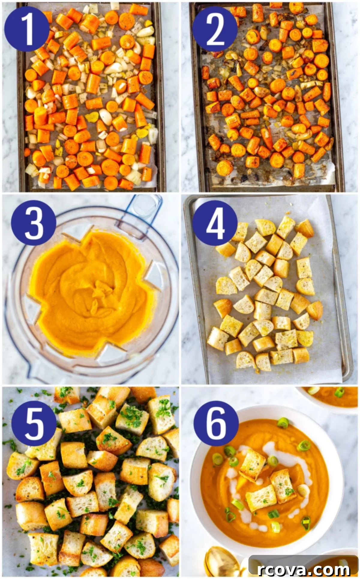 Velvety Vegan Coconut Carrot Ginger Soup 5 Step by step collage for making Carrot Ginger Soup: prep vegetables, roast vegetables, puree soup, cut up croutons, bake croutons, and make carrot ginger soup.