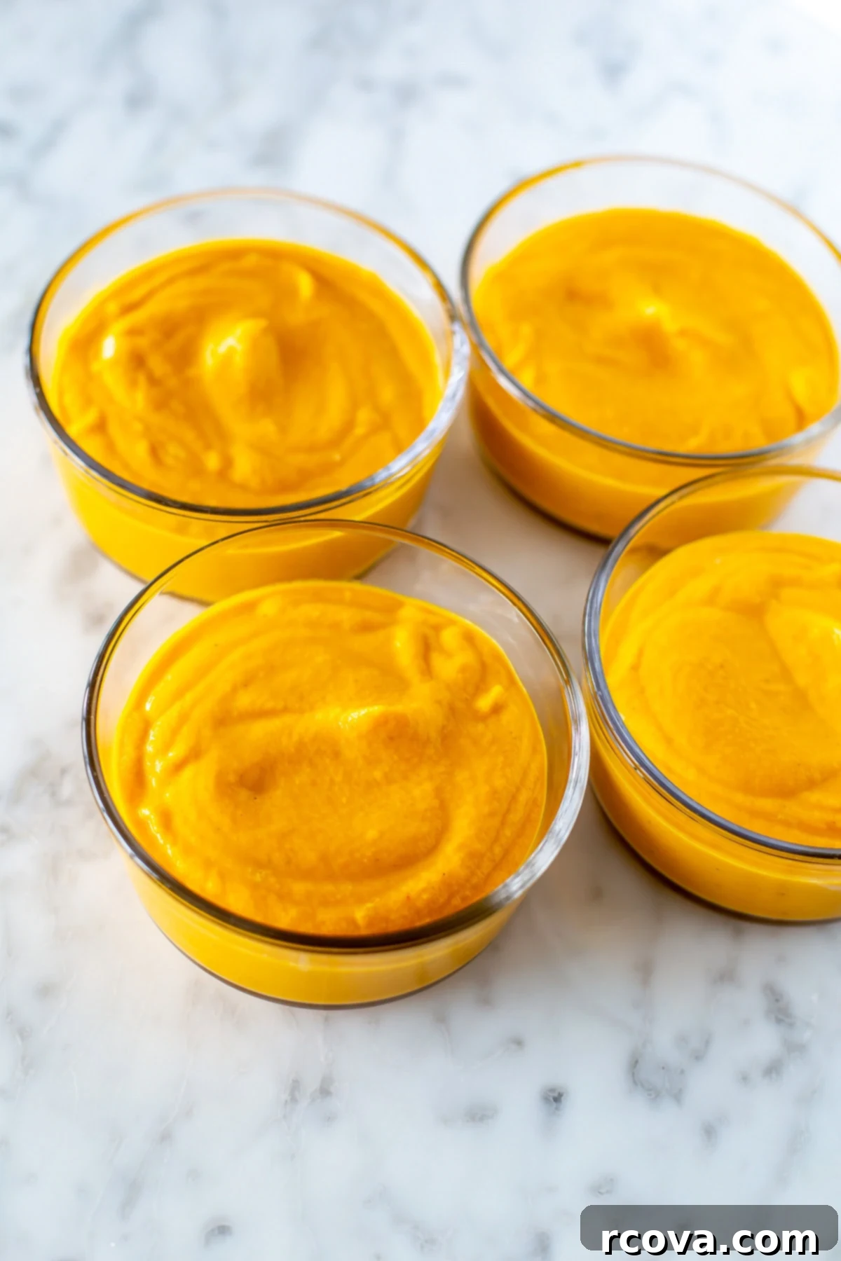 Velvety Vegan Coconut Carrot Ginger Soup 8 Four round glass meal prep containers, each filled with creamy coconut carrot ginger soup.