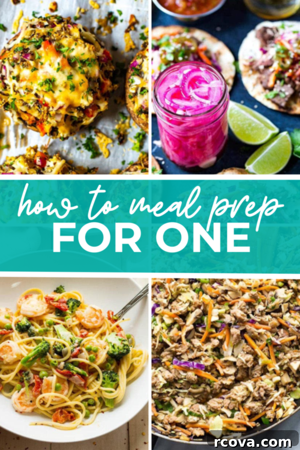 Solo Meal Prep: Recipes for One 6 collage of dishes with green banner in the middle - read as "how to meal prep for one"