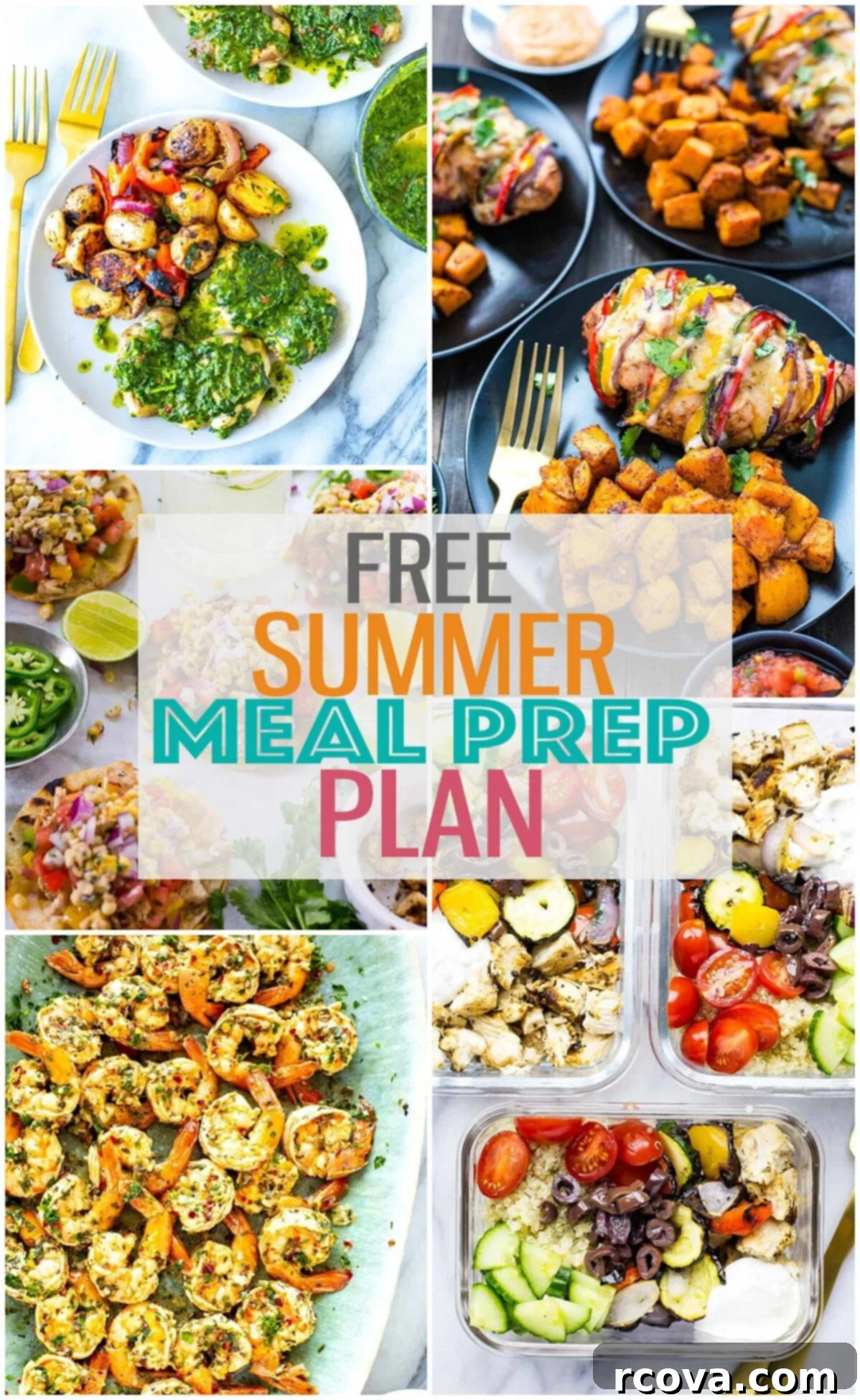 Free Summer Meal Prep: Light & Easy Dinners Ahead 2 A vibrant collage of five different light and healthy summer dinner recipes, showcasing fresh ingredients and quick preparation. Features Hasselback Fajita Stuffed Chicken, Street Corn Cajun Chicken Tacos, Baked Chimichurri Chicken, Chicken Souvlaki Bowls, and Grilled Shrimp with Marinade. Text overlay reads "Free Summer Meal Prep Plan".