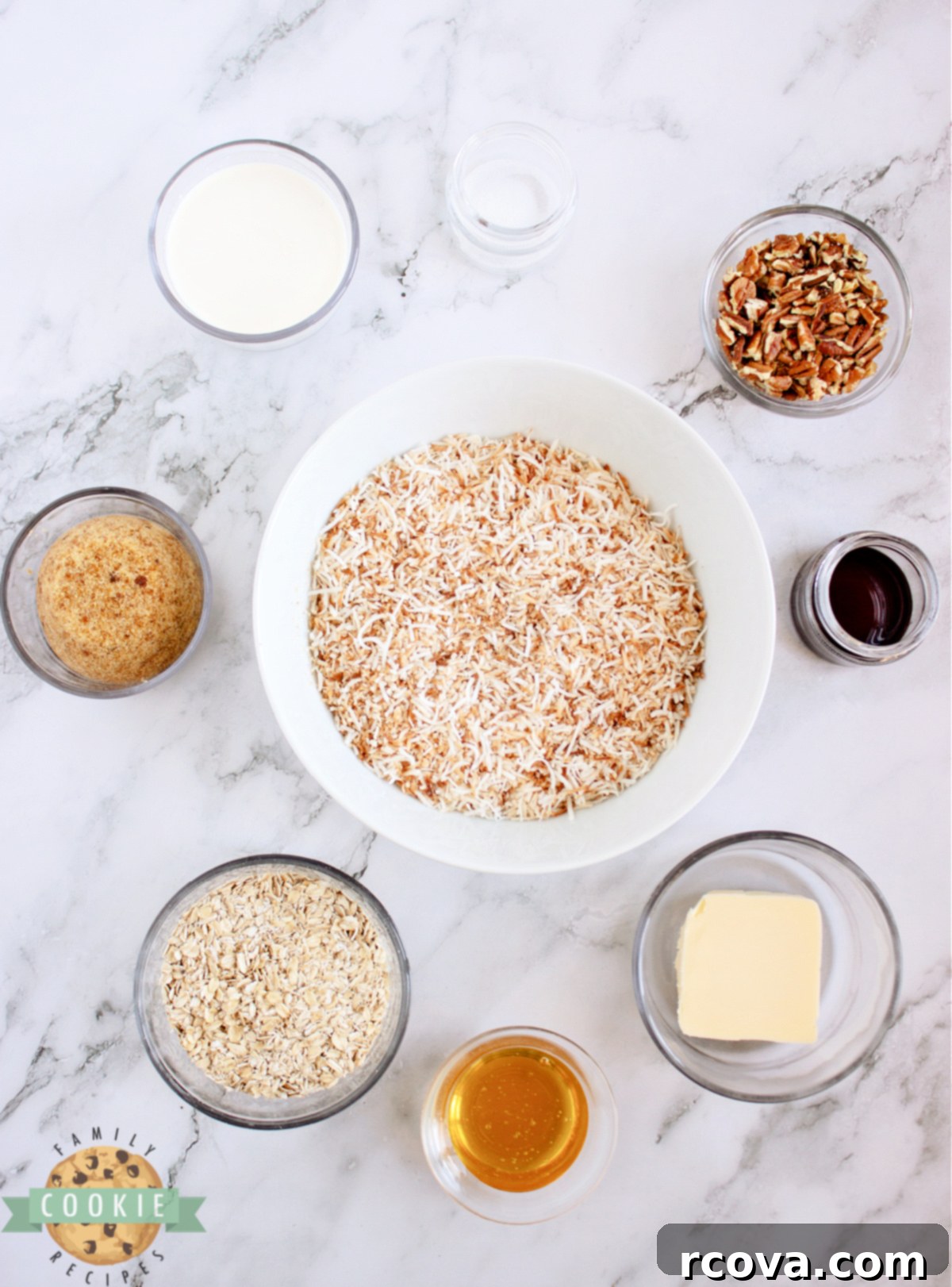 Golden Caramel Coconut No-Bake Delights 3 A flat lay image displaying all the essential ingredients for Caramel Coconut No-Bake Cookies, including butter, brown sugar, honey, heavy cream, vanilla, salt, quick oats, and toasted shredded coconut.
