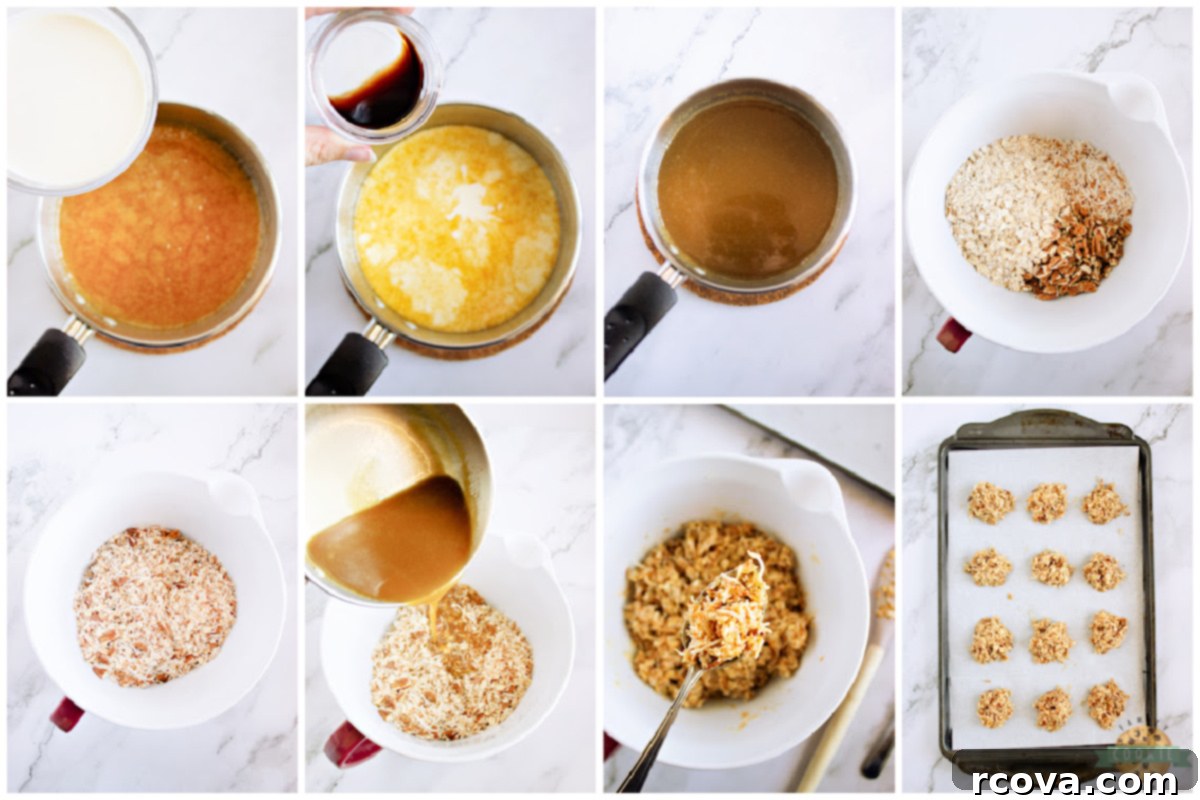 Golden Caramel Coconut No-Bake Delights 4 A step-by-step image showing the process of making Caramel Coconut No-Bake Cookies, from cooking the caramel to mixing in the oats and coconut.