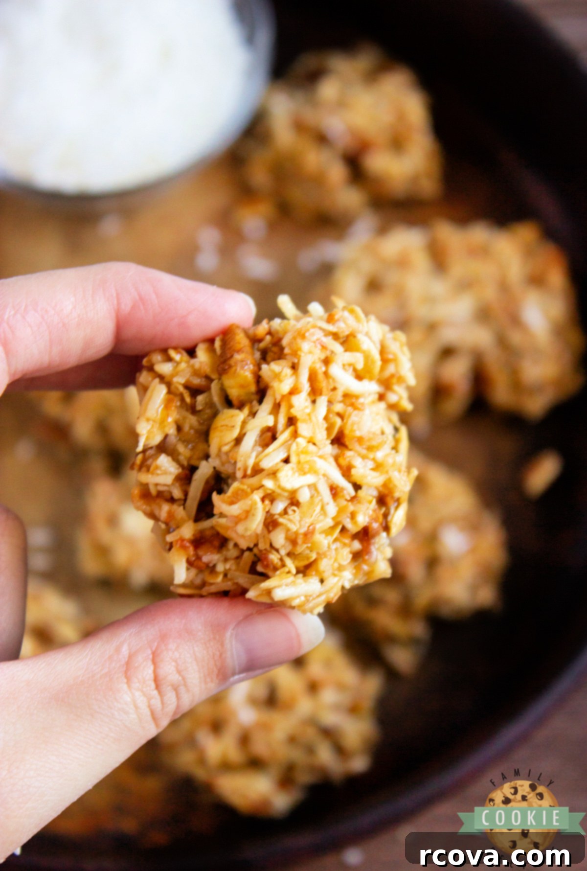 Golden Caramel Coconut No-Bake Delights 5 A perfectly set no-bake cookie, showcasing the beautiful combination of caramel and coconut, ready to be enjoyed.