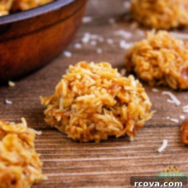 Golden Caramel Coconut No-Bake Delights 7 Caramel Coconut No-Bake Cookies on a white plate