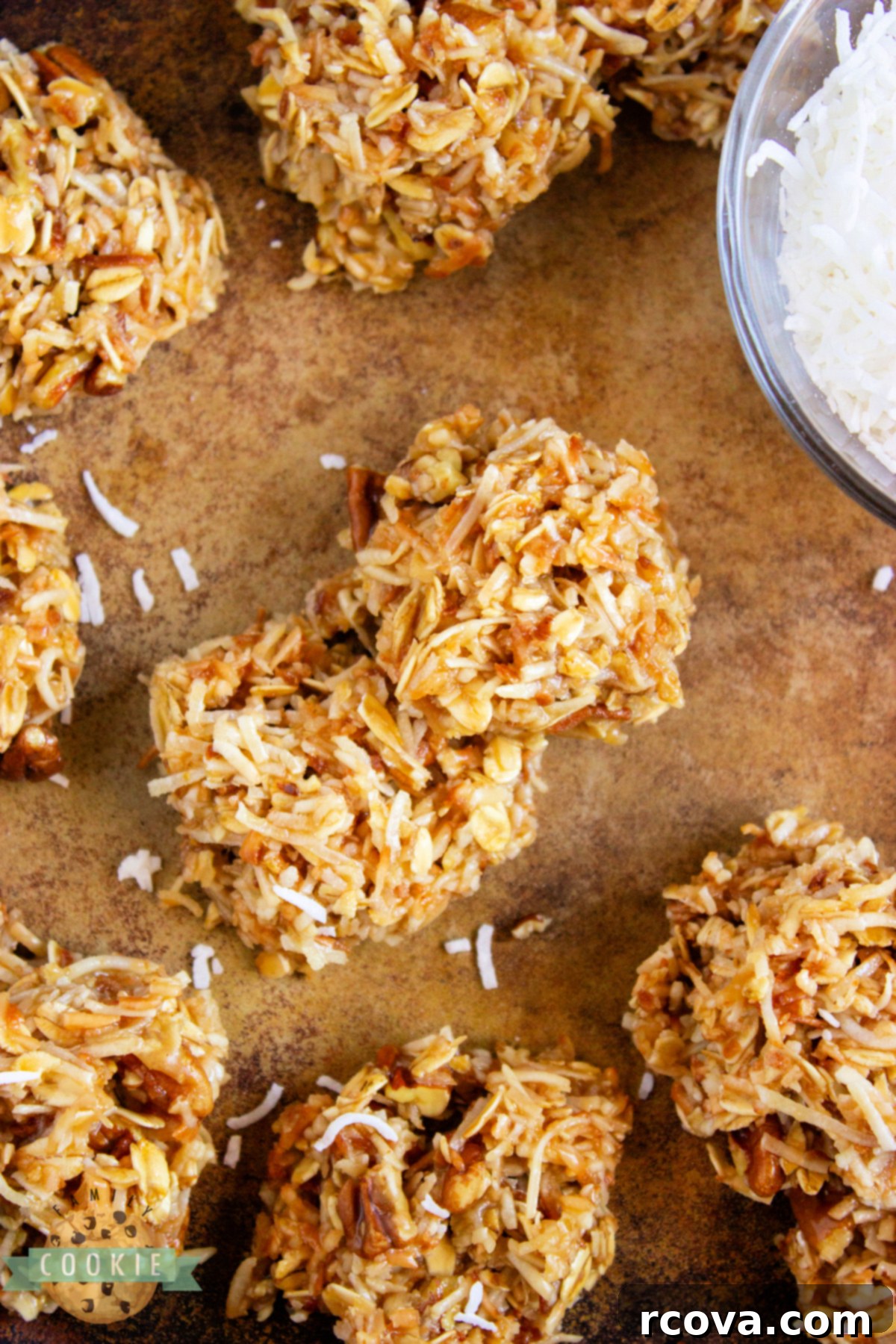 Golden Caramel Coconut No-Bake Delights 8 A plate of Caramel Coconut No-Bake Cookies, ready for serving, showcasing their inviting texture and delicious appearance. Made with brown sugar, honey, cream, toasted shredded coconut, and oats.