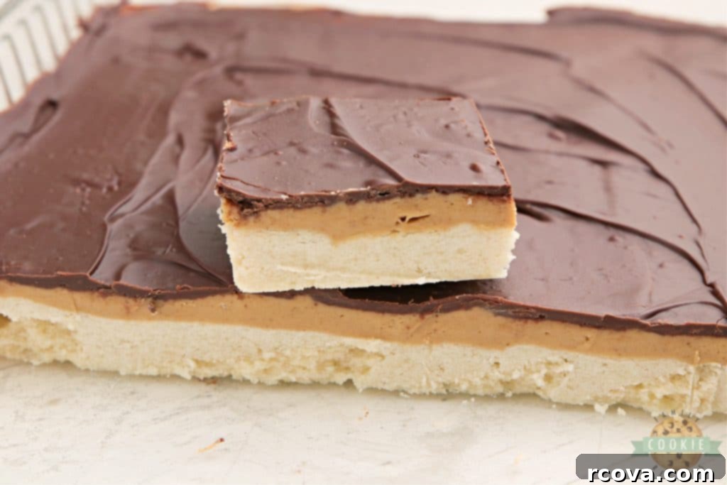 Ultimate Tagalong Cookie Bars 3 Close-up of three-layer cookie bars featuring a golden shortbread crust, a thick layer of peanut butter, and a shiny chocolate topping, ready to be sliced.