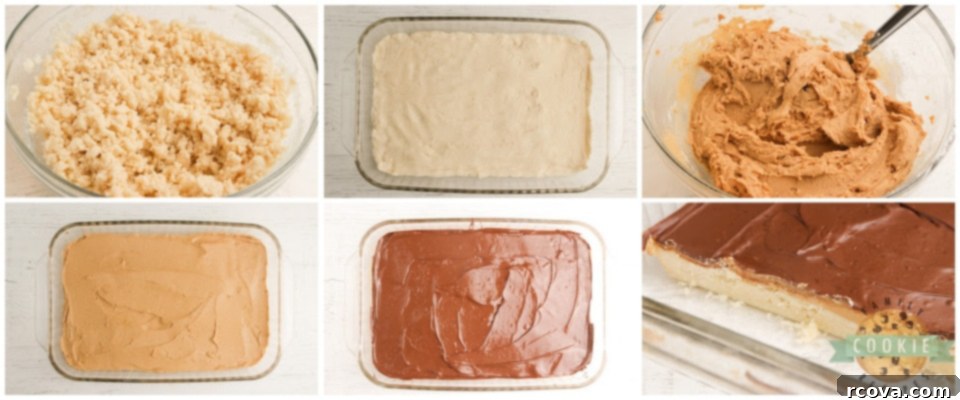Ultimate Tagalong Cookie Bars 4 Detailed step-by-step process of making Tagalong Cookie Bars, showing ingredients being mixed and layers assembled.