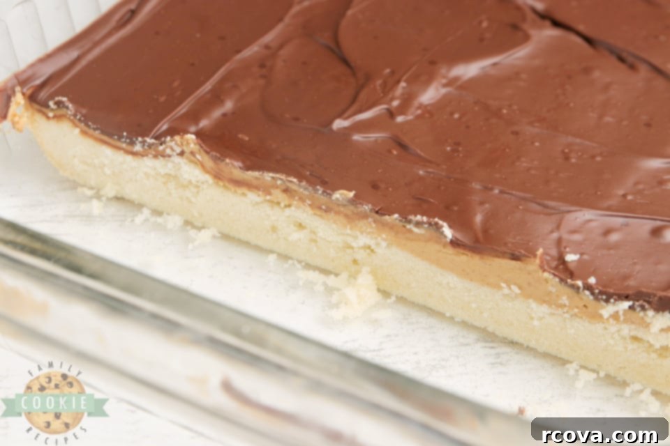 Ultimate Tagalong Cookie Bars 5 Beautifully cut Tagalong Cookie Bars, showcasing the three distinct layers of shortbread, peanut butter, and chocolate. Ready to eat!