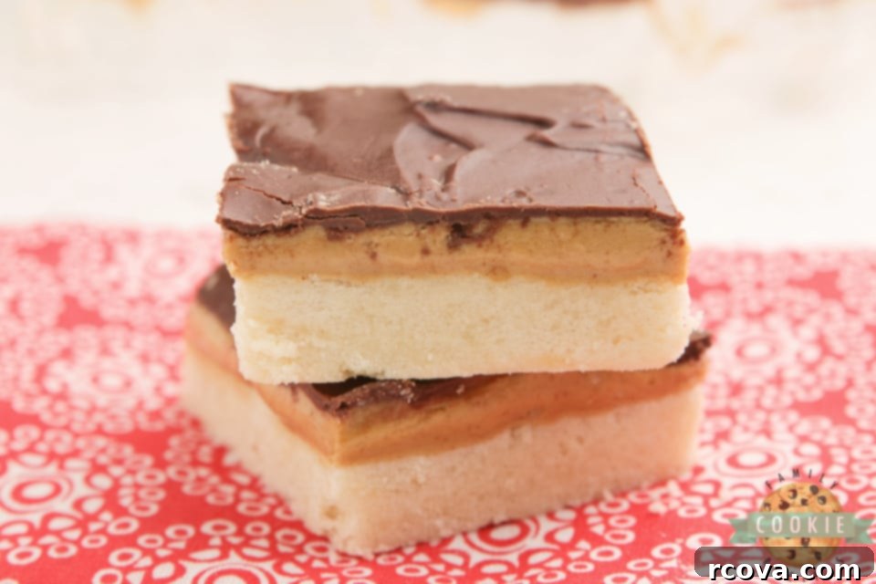 Ultimate Tagalong Cookie Bars 7 A close-up of Tagalong Cookie Bars, showcasing the layers and golden brown shortbread crust, ready for a taste.