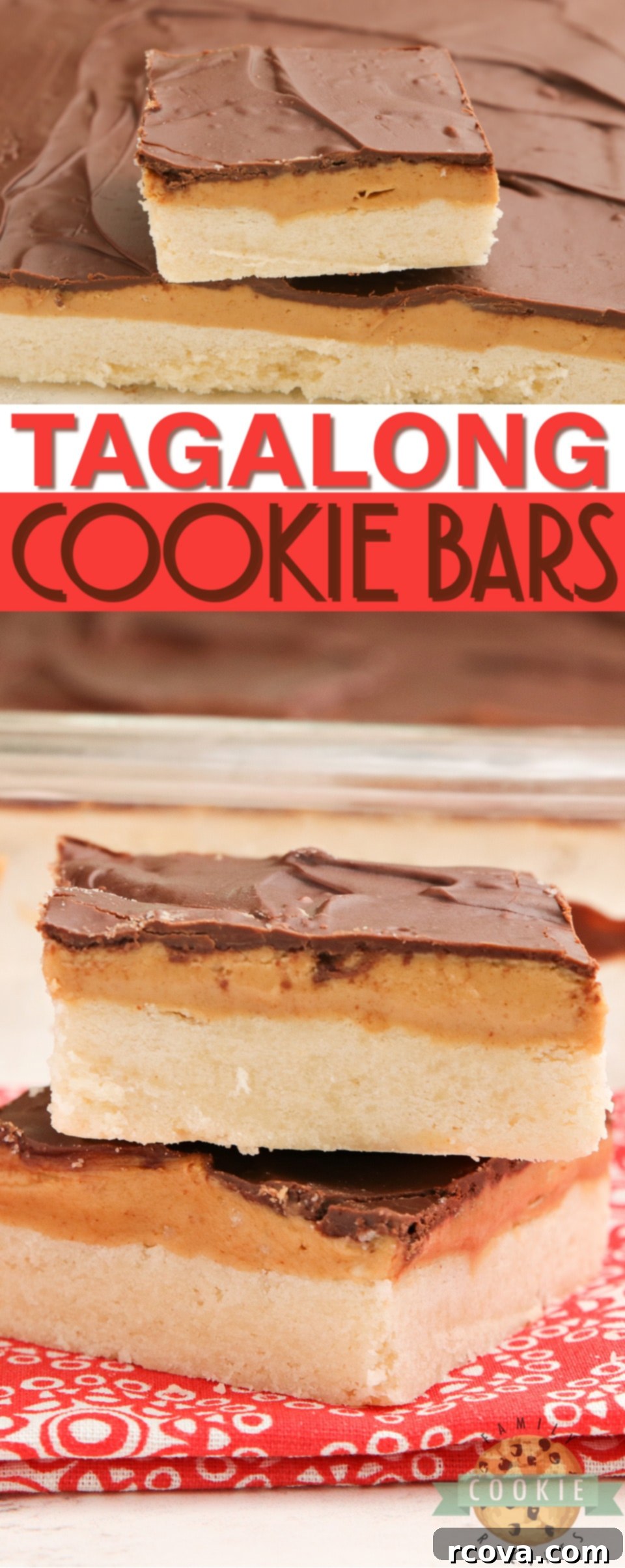 Ultimate Tagalong Cookie Bars 8 Stacked Tagalong Cookie Bars on a white plate, highlighting the delicious layers of shortbread, peanut butter, and chocolate.