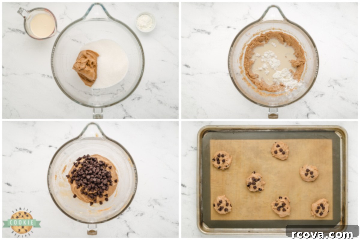 Flourless Peanut Butter & Chocolate Chip Wonders 5 Step by step instructions on how to make Flourless Peanut Butter Chocolate Chip Cookies.