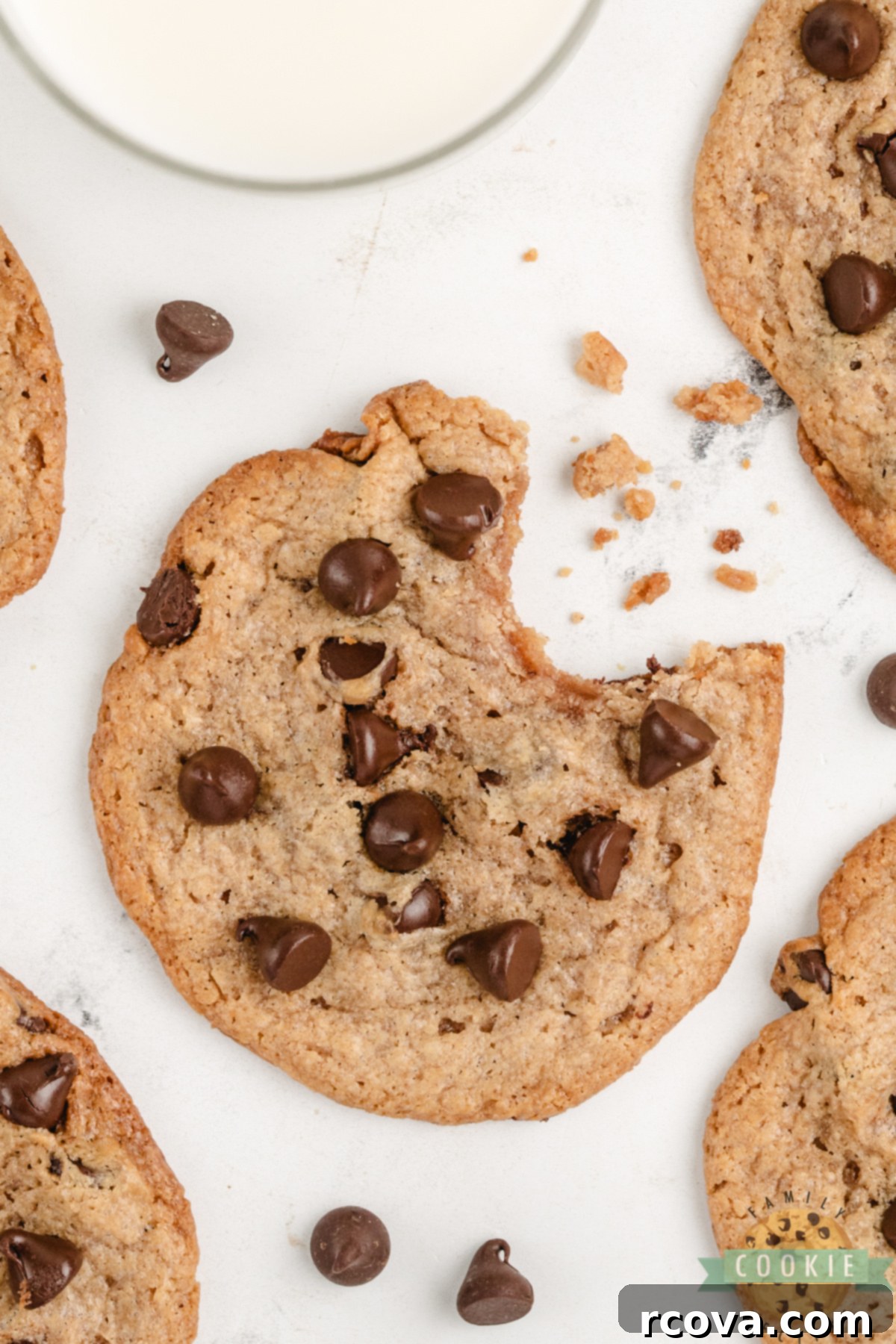Flourless Peanut Butter & Chocolate Chip Wonders 10 Close-up of a flourless peanut butter chocolate chip cookie with a bite taken out, showing gooey melted chocolate inside.