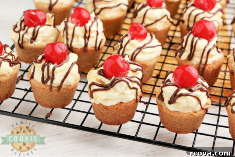 Banana Split Cookie Delights 3 Array of Banana Split Cookie Cups with creamy filling and chocolate drizzle, ready to be served.