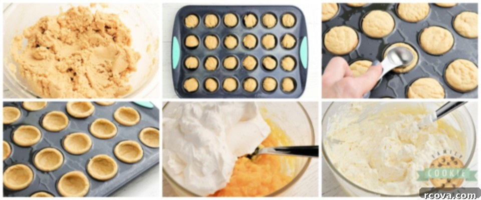 Banana Split Cookie Delights 4 Step-by-step process of making banana split cookie cups, showing dough in muffin tin and freshly baked cookies.