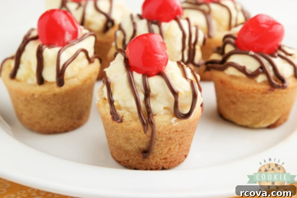 Banana Split Cookie Delights 7 Close-up of a single Banana Split Cookie Cup, highlighting the smooth pineapple cream and decorative chocolate drizzle.