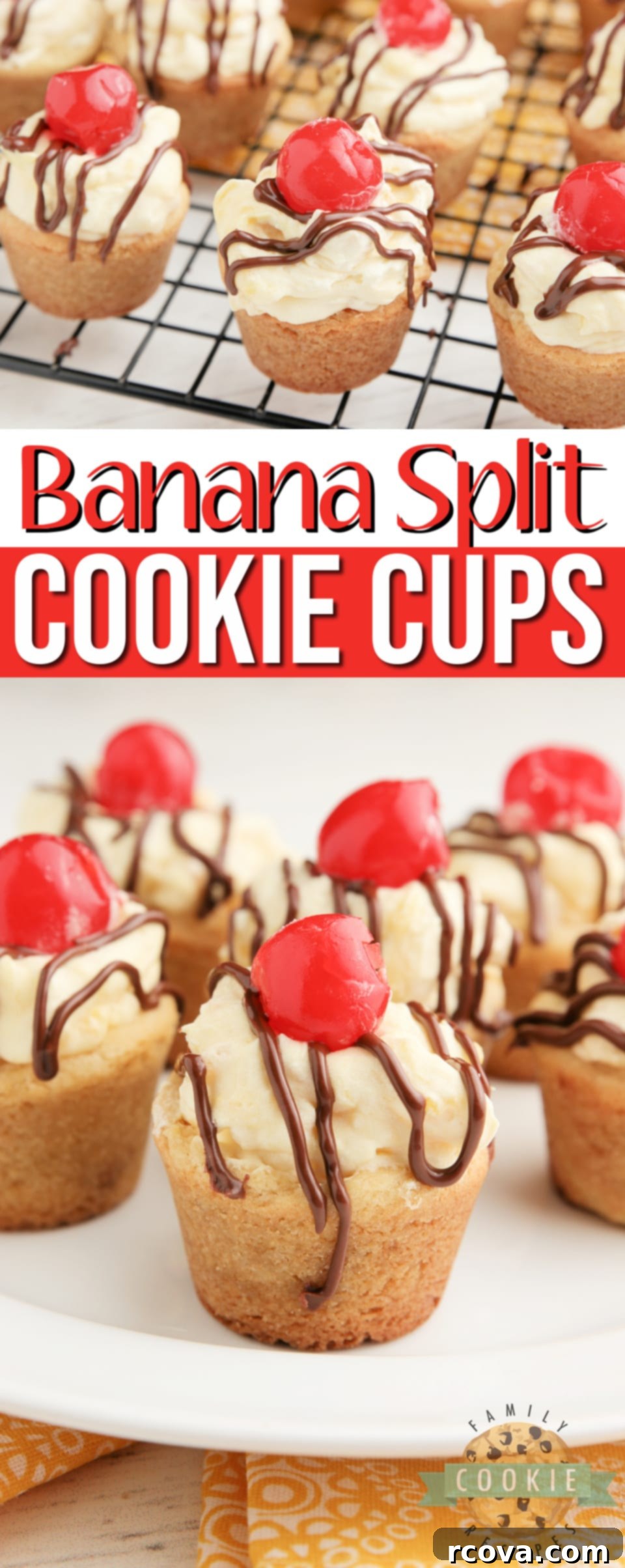 Banana Split Cookie Delights 8 A large pile of Banana Split Cookie Cups with all their delicious layers and toppings visible.