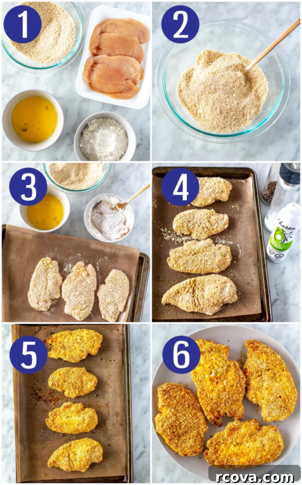 Crispy and Juicy Oven Baked Chicken Cutlets 5 A visual guide showing the steps to make crispy chicken cutlets: preparing ingredients, mixing breading, coating chicken in flour, egg, and breadcrumbs, seasoning and spraying with oil, baking in the oven, and finally serving with roasted potatoes.