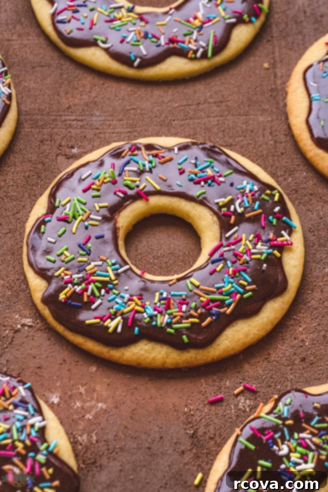 Donut Shop Chocolate Glazed Cookies 8 Close-up of a perfectly glazed chocolate donut cookie with colorful sprinkles.