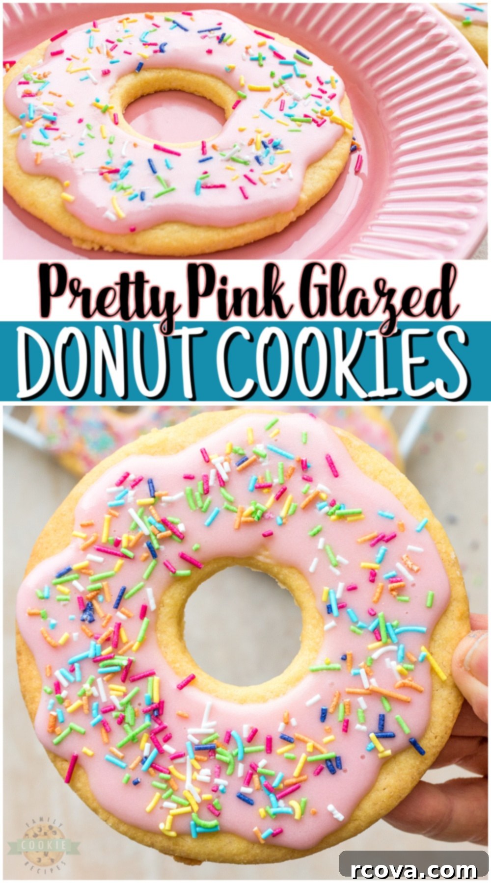 Rosy Donut Delights 12 A vibrant close-up of Pink Donut Cookies with sprinkles, ready for sharing and perfect for a Pinterest pin.