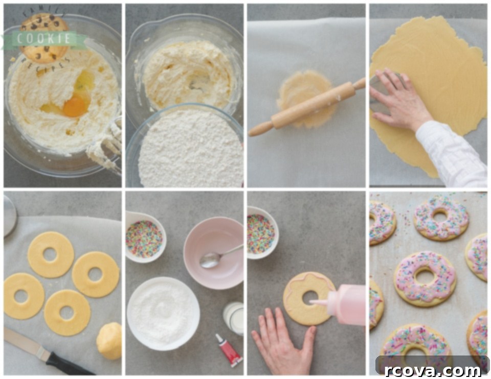 Rosy Donut Delights 4 Step-by-step guide on how to make beautiful pink donut cookies from scratch.