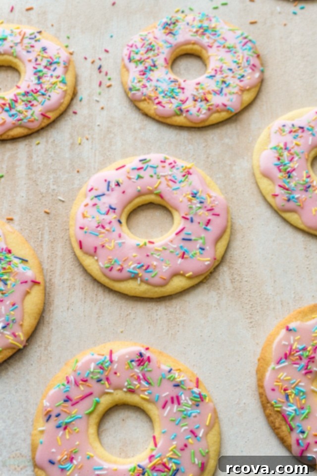 Rosy Donut Delights 5 Pink Donut Cookies cooling on a wire rack after being glazed and sprinkled, ready to be enjoyed.