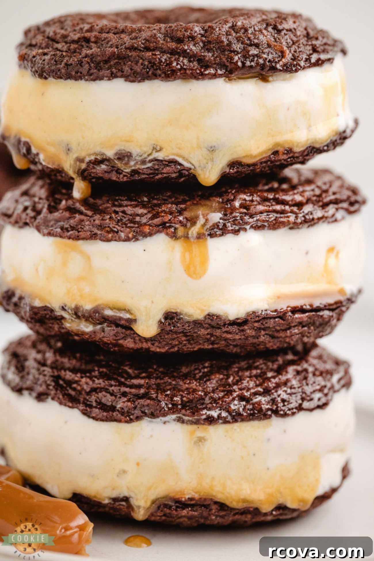 Fudgy Caramel Brownie Cookies 3 Caramel brownie cookies arranged as ice cream sandwiches for a decadent dessert