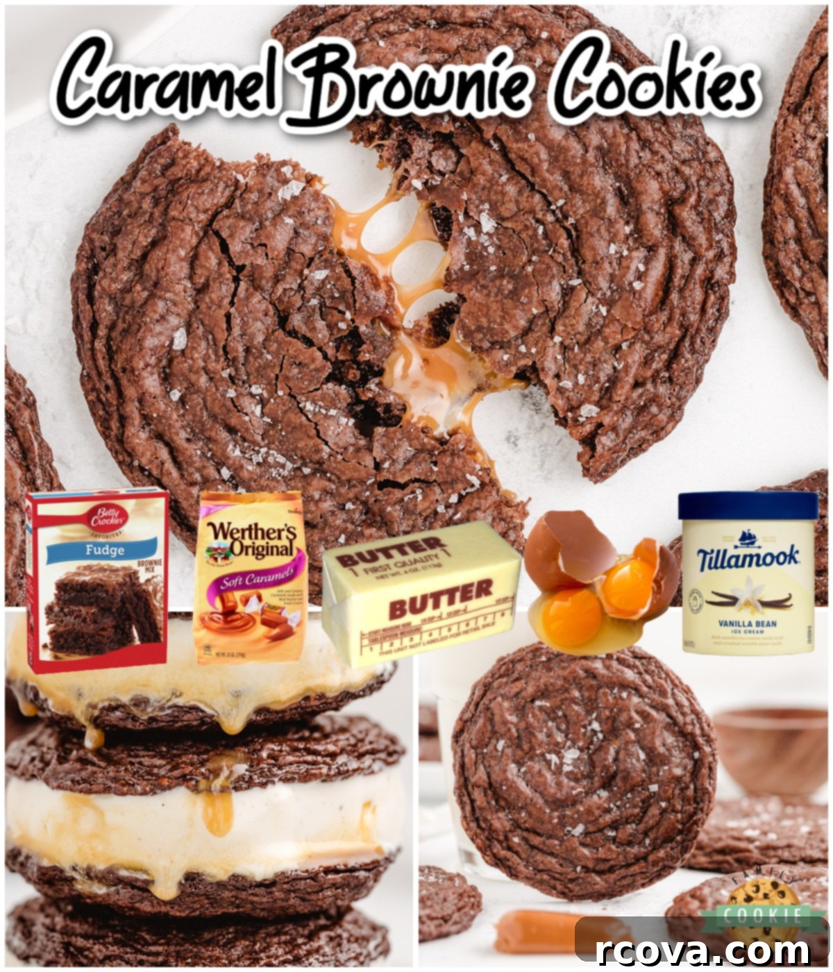 Fudgy Caramel Brownie Cookies 6 Caramel Brownie Cookies made with a brownie mix and stuffed with buttery soft caramels. Indulgent chocolate cookies with gooey caramel, perfect with a sprinkle of salt!