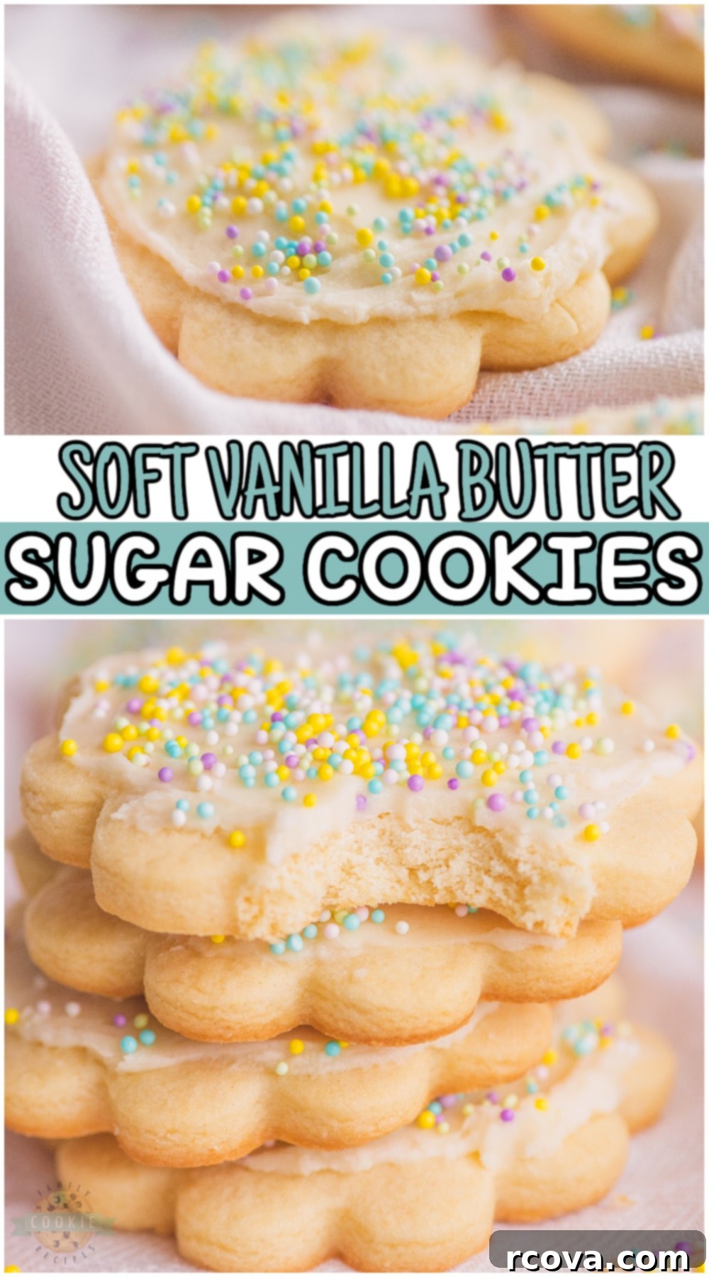 Classic Butter Sugar Cookies 16 A collage of beautiful vanilla butter sugar cookies with text overlay for pinning.