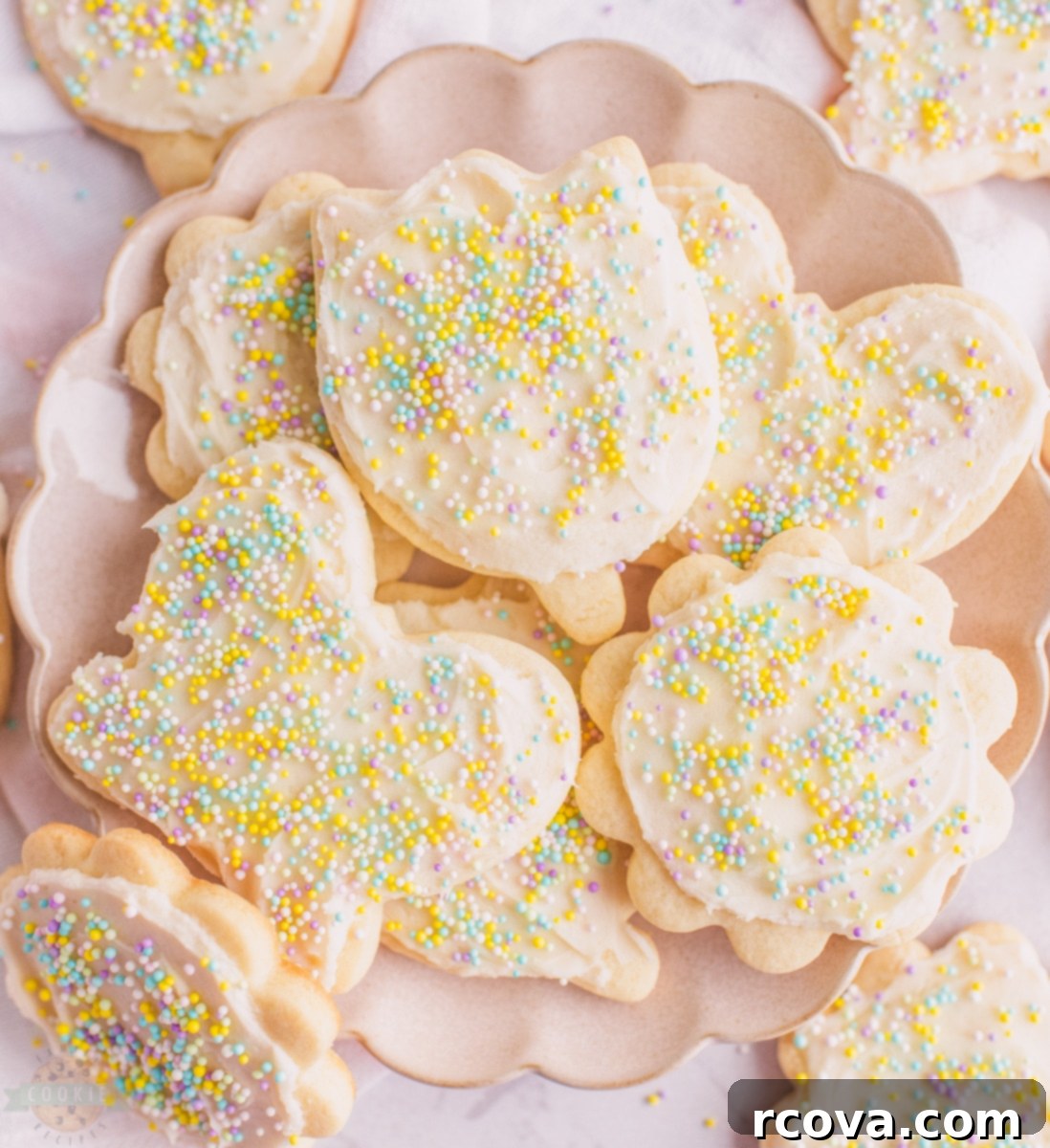 Classic Butter Sugar Cookies 3 A close-up shot of a plate of decorative butter sugar cookies.