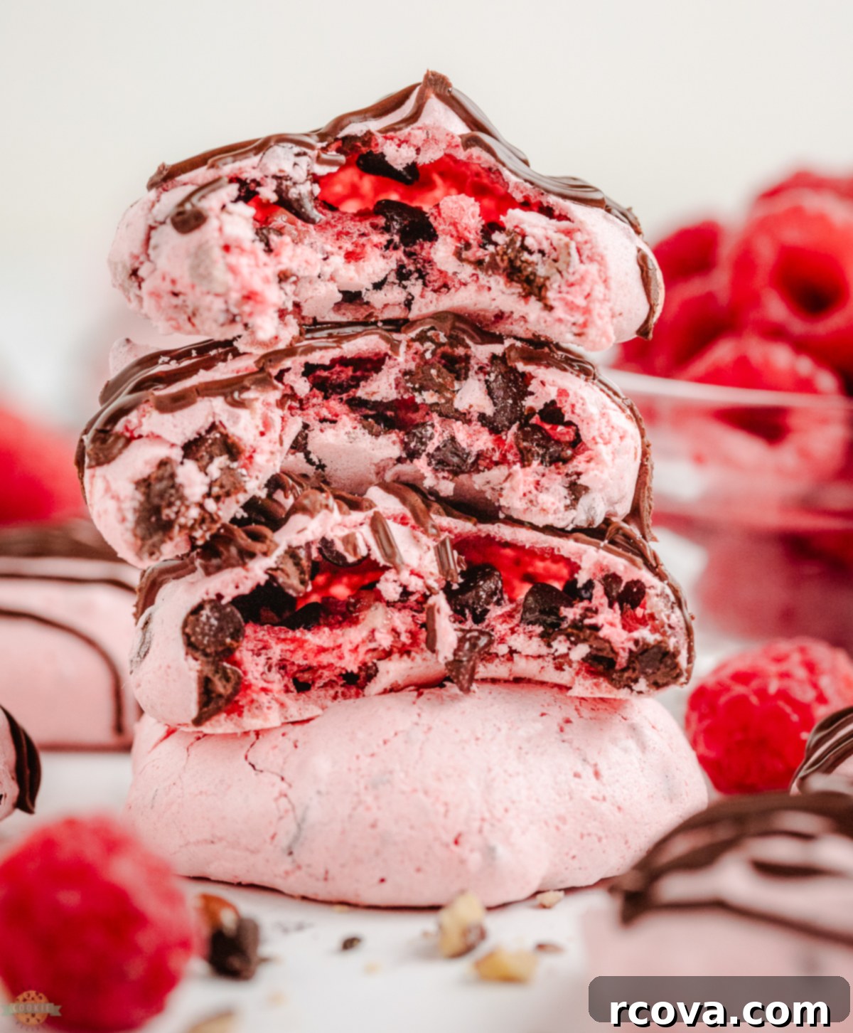 Delicate Raspberry Meringues 4 stack of raspberry meringues with chocolate chips and nuts, with a bite taken out