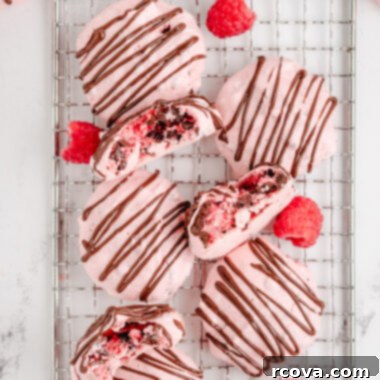 Delicate Raspberry Meringues 5 raspberry meringues drizzled with chocolate