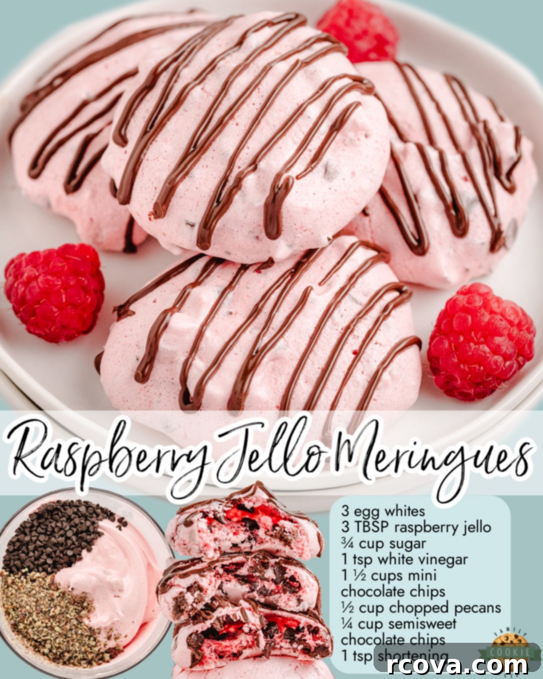Delicate Raspberry Meringues 7 Raspberry Meringues made easy with Jell-O, egg whites, sugar, chocolate chips & pecans! Light & airy raspberry cookies with lovely flavor.