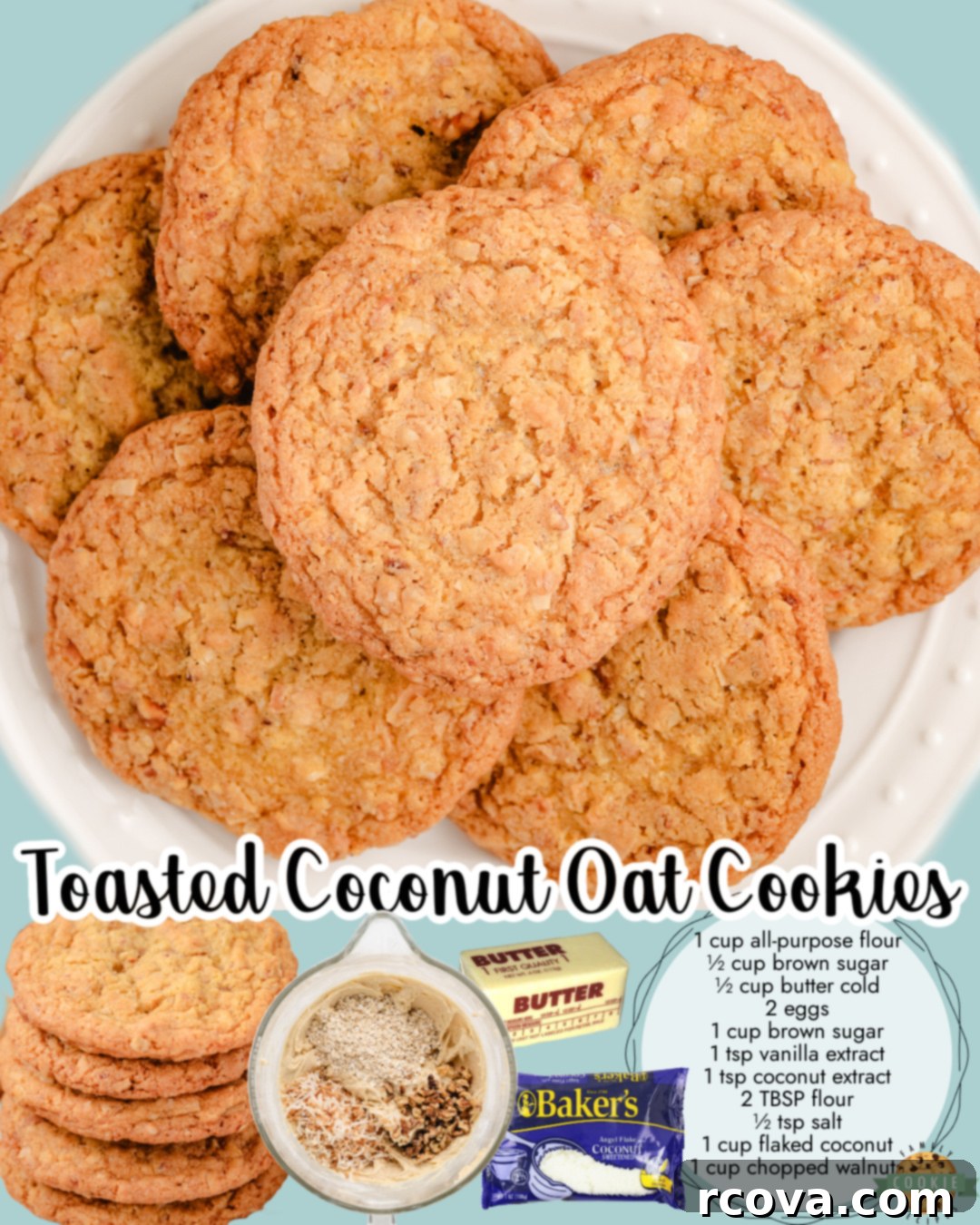 Tropical Toasted Coconut Treats 6 Toasted Coconut Cookies made with butter, brown sugar, eggs, oats & loaded with flavor from toasted coconut and walnuts! Nutty, buttery chewy cookies that are crowd pleasers!