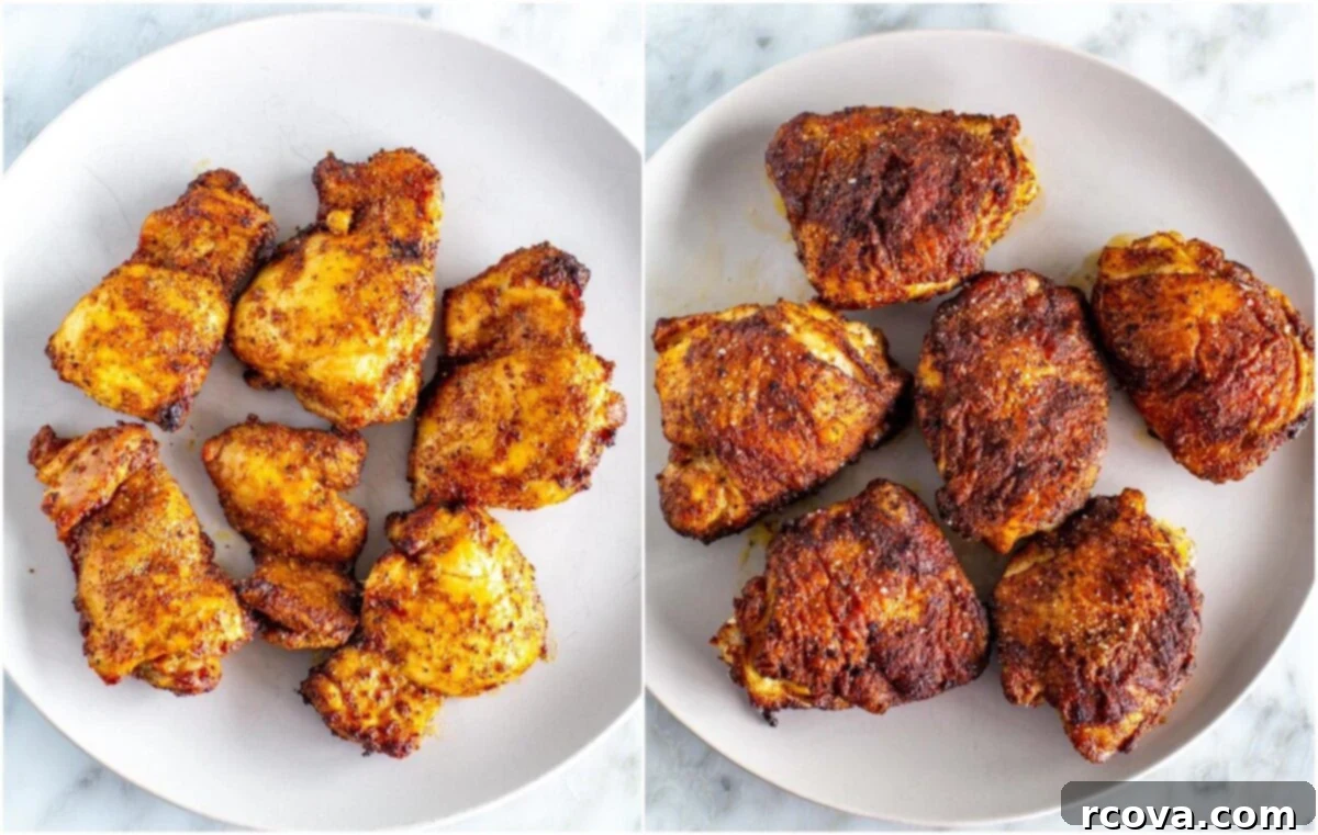 Versatile Air Fryer Chicken Thighs Bone In Or Boneless 4 A visual guide showcasing the two types of chicken thighs suitable for this air fryer recipe: boneless, skinless chicken thighs on one side and bone-in, skin-on chicken thighs on the other, highlighting their differences for preparation.