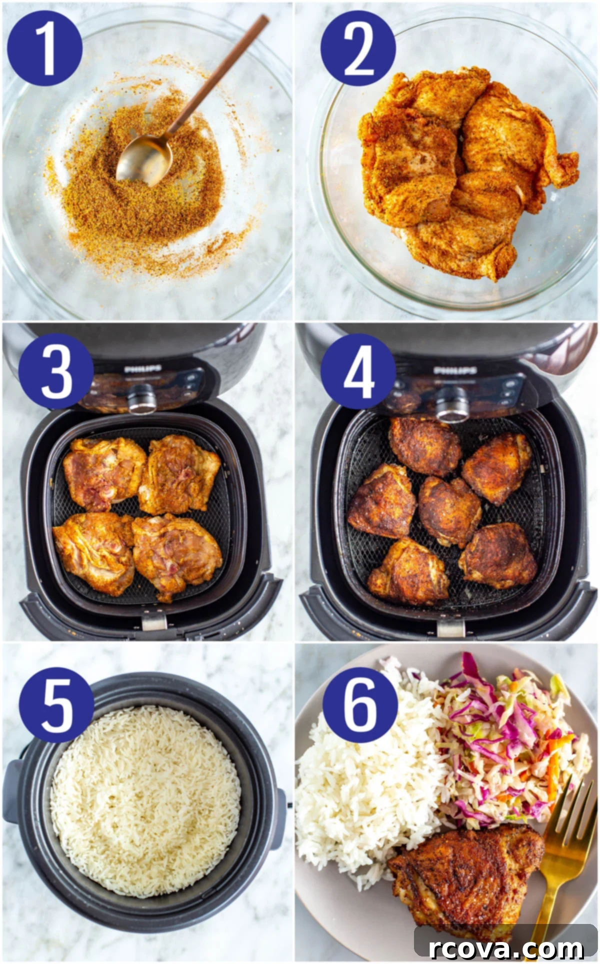Versatile Air Fryer Chicken Thighs Bone In Or Boneless 5 A step-by-step visual collage demonstrating the process of making air fryer chicken thighs, from seasoning the raw chicken to placing it in the air fryer basket and the final crispy result.