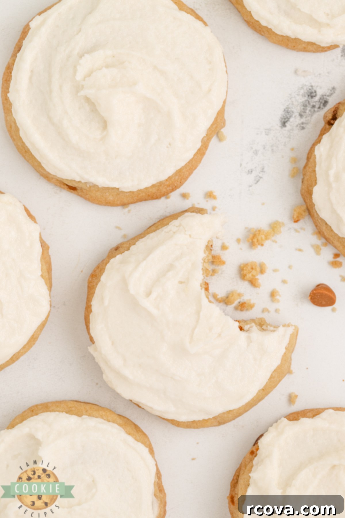 Frosted Cinnamon Chip Delights 11 A single soft and chewy cinnamon cookie adorned with creamy buttercream frosting.