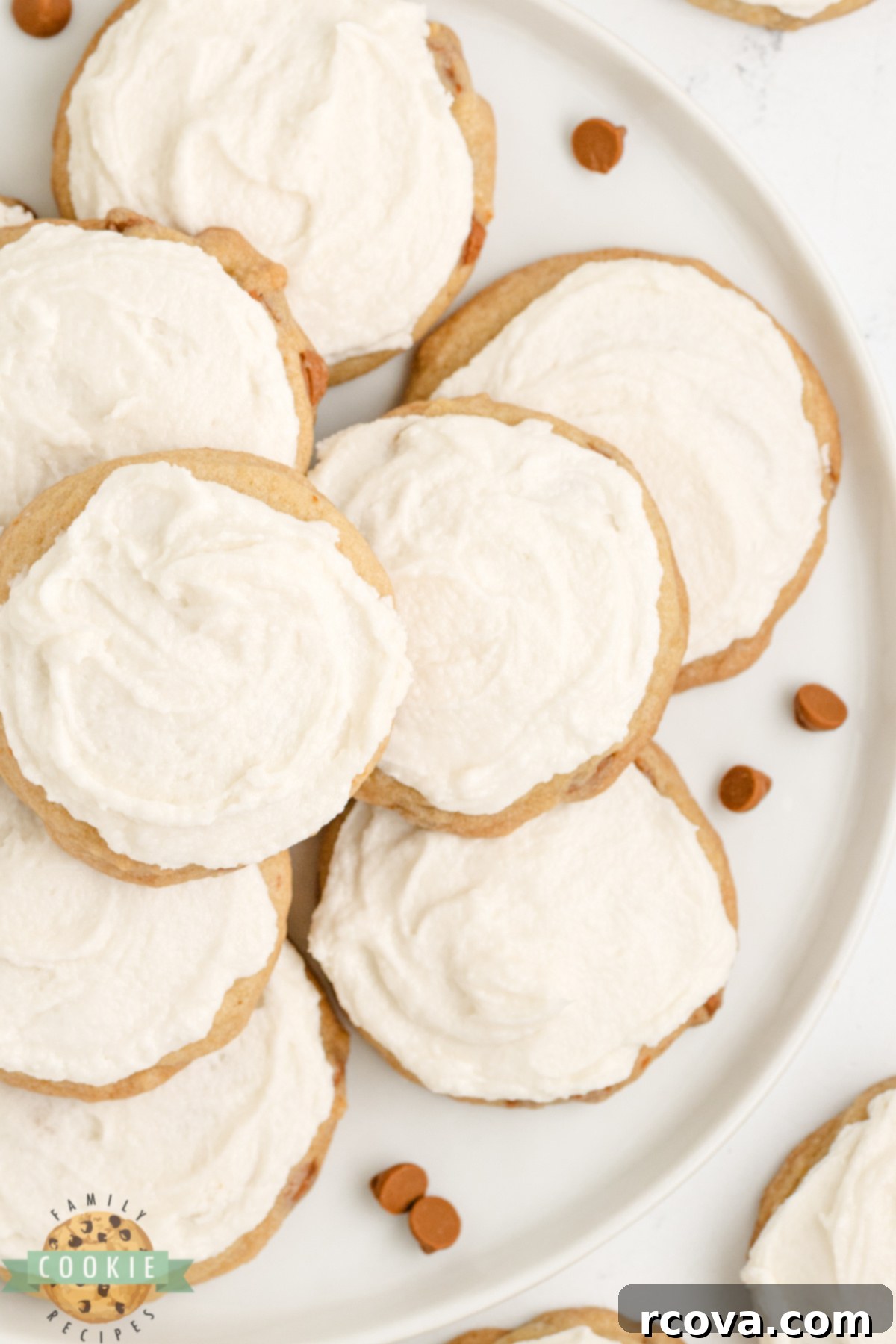 Frosted Cinnamon Chip Delights 3 Close-up of soft and chewy cinnamon chip cookies with simple buttercream frosting.
