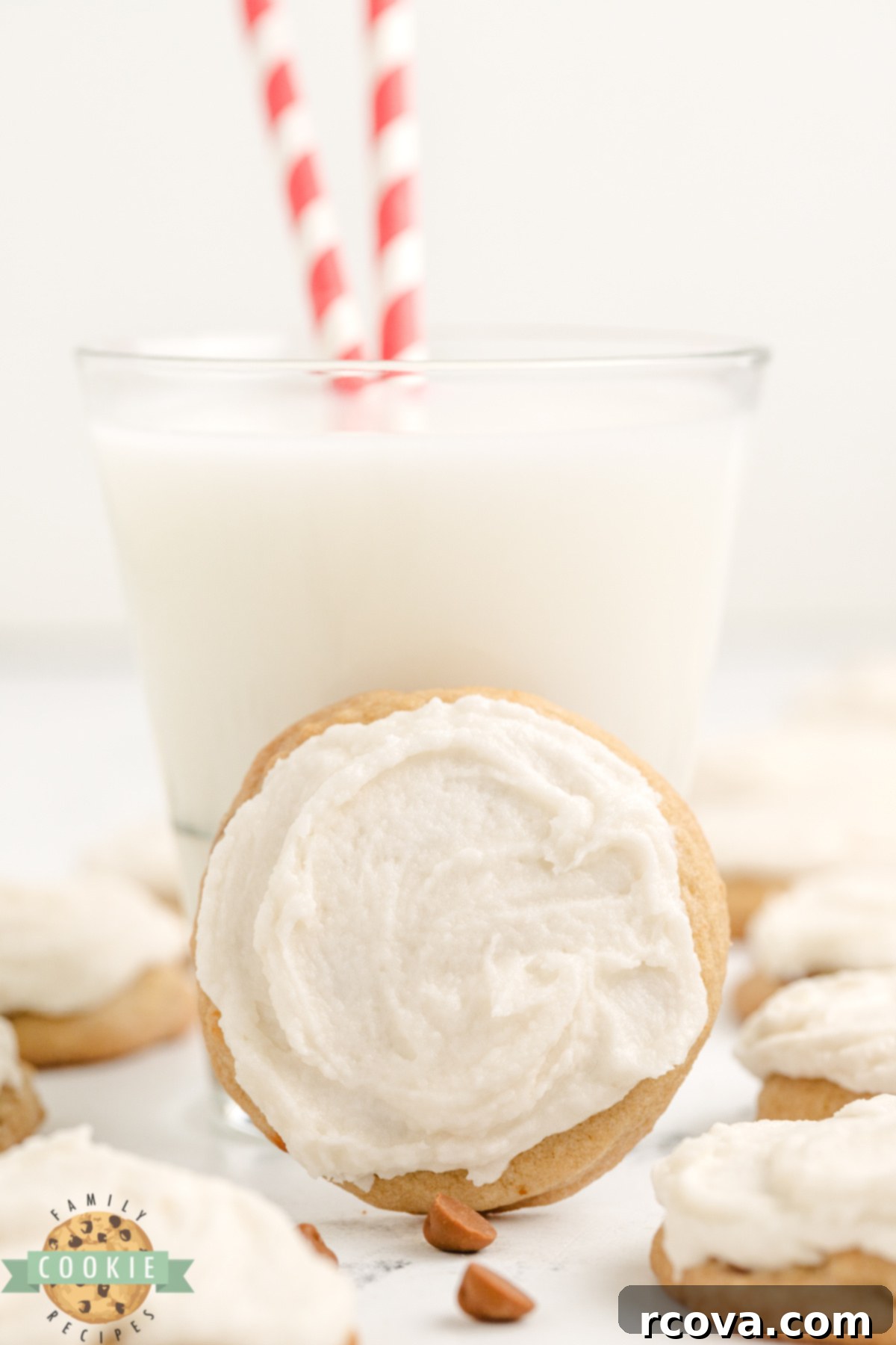 Frosted Cinnamon Chip Delights 7 A freshly frosted cinnamon chip cookie paired with a cold glass of milk.
