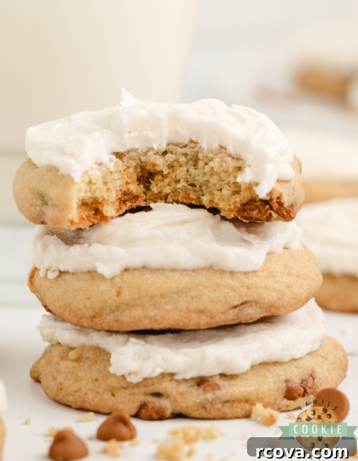 Frosted Cinnamon Chip Delights 9 A stack of beautifully Iced Cinnamon Chip Cookies ready to be enjoyed.