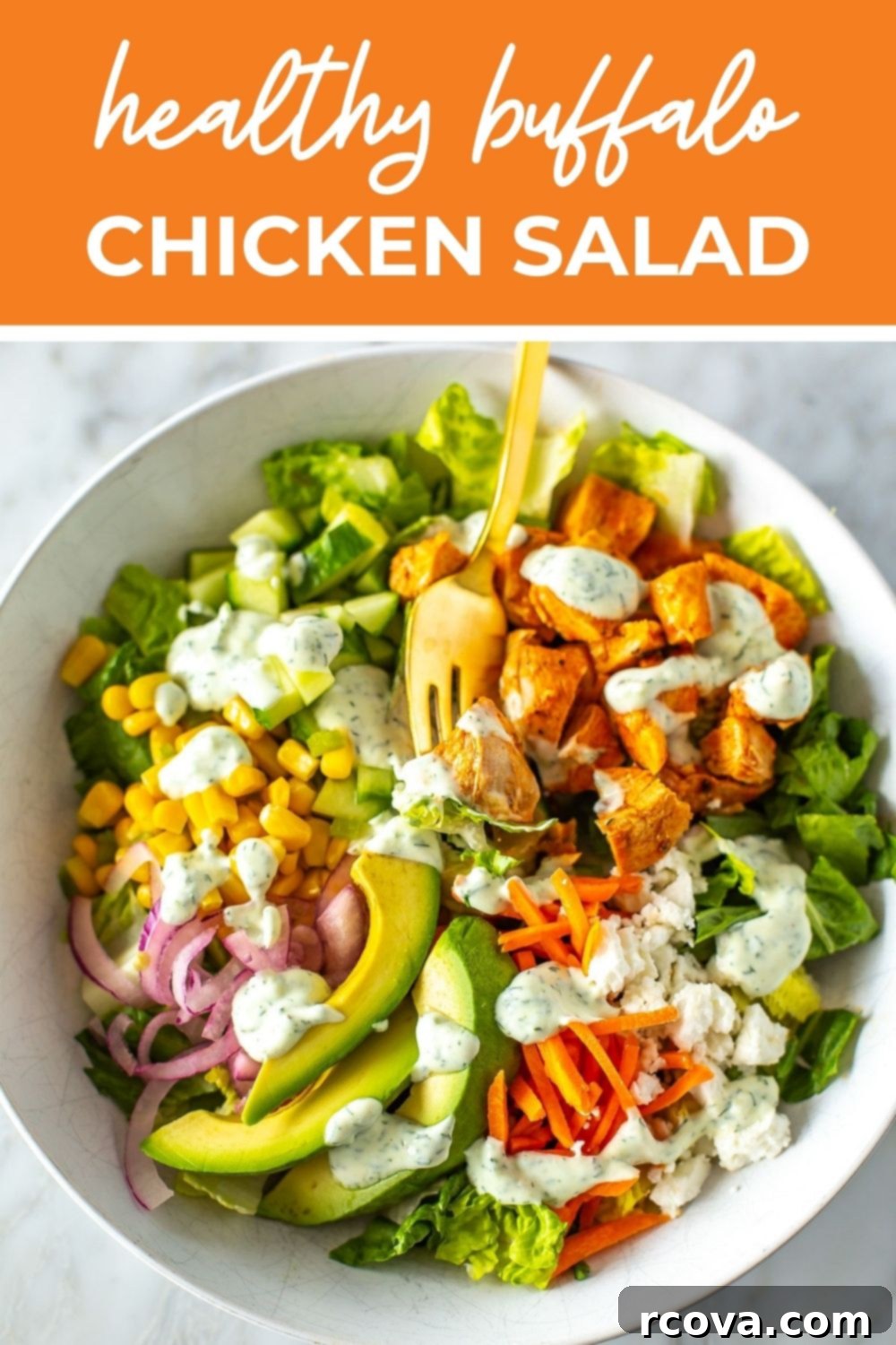 Lightened Up Buffalo Chicken Salad 10 Bowl of buffalo chicken salad, with text that says 'Healthy Buffalo Chicken Salad'