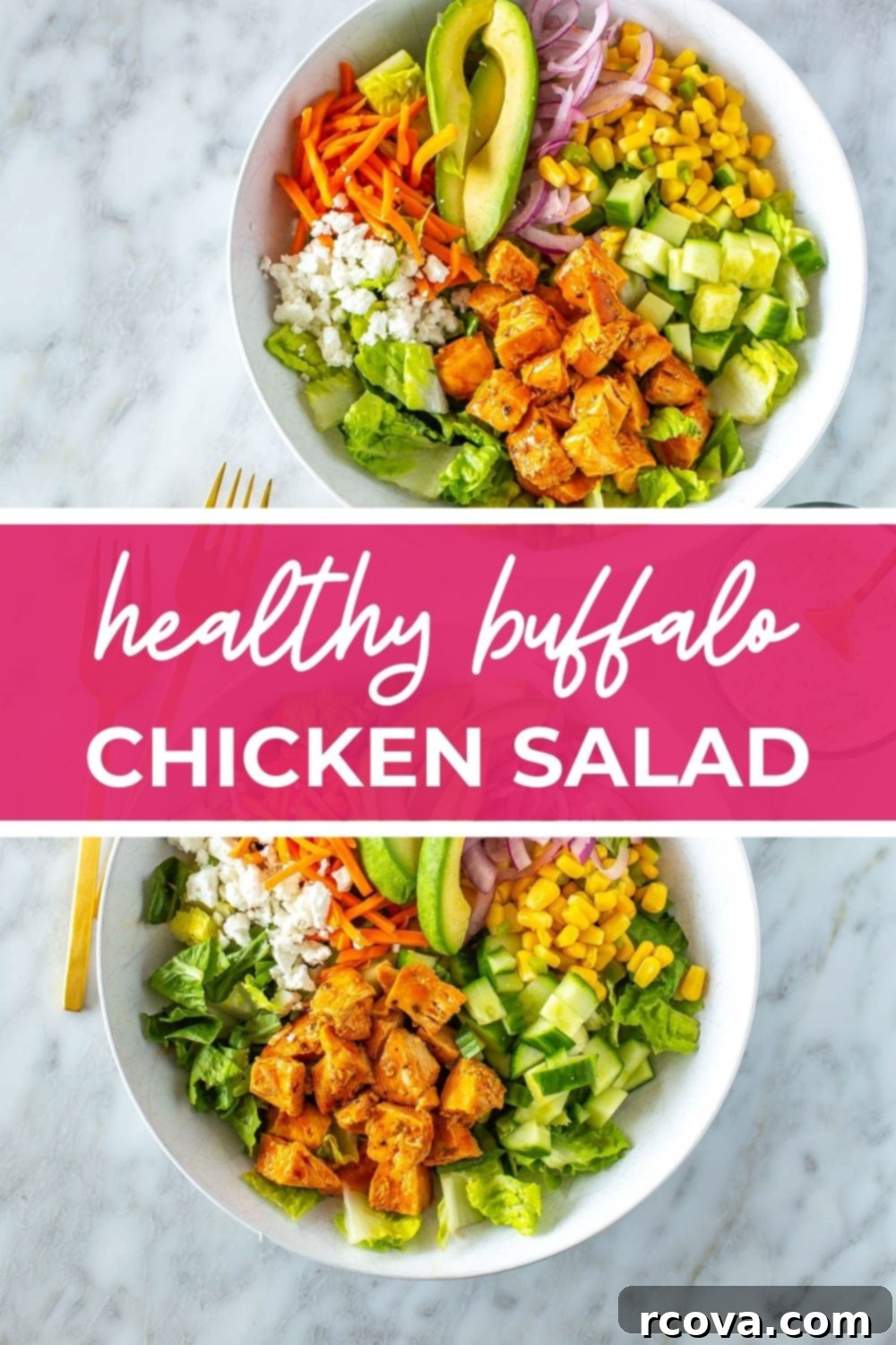 Lightened Up Buffalo Chicken Salad 11 Overhead shot of two bowls of buffalo chicken salad, with text that says 'Healthy Buffalo Chicken Salad'