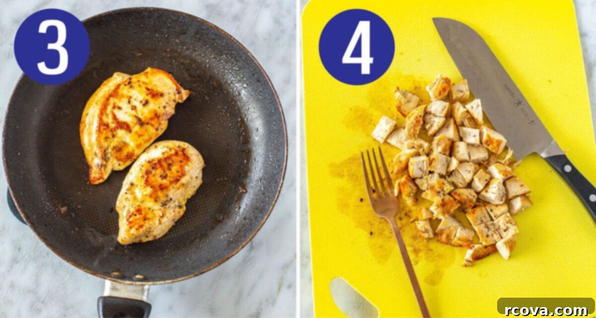 Lightened Up Buffalo Chicken Salad 5 Steps 3 and 4 for making buffalo chicken salad: Cooked chicken breasts in a skillet and diced buffalo chicken in a bowl.