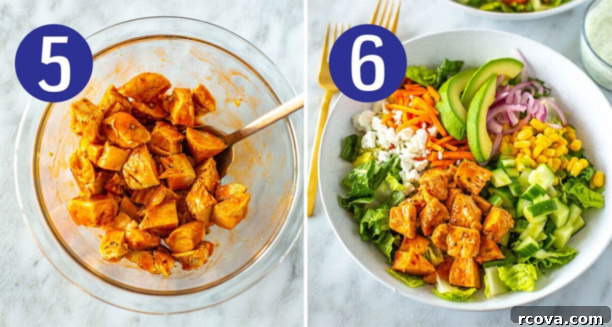 Lightened Up Buffalo Chicken Salad 6 Steps 5 and 6: Diced buffalo chicken in a bowl with buffalo sauce and an assembled buffalo chicken salad with dressing.