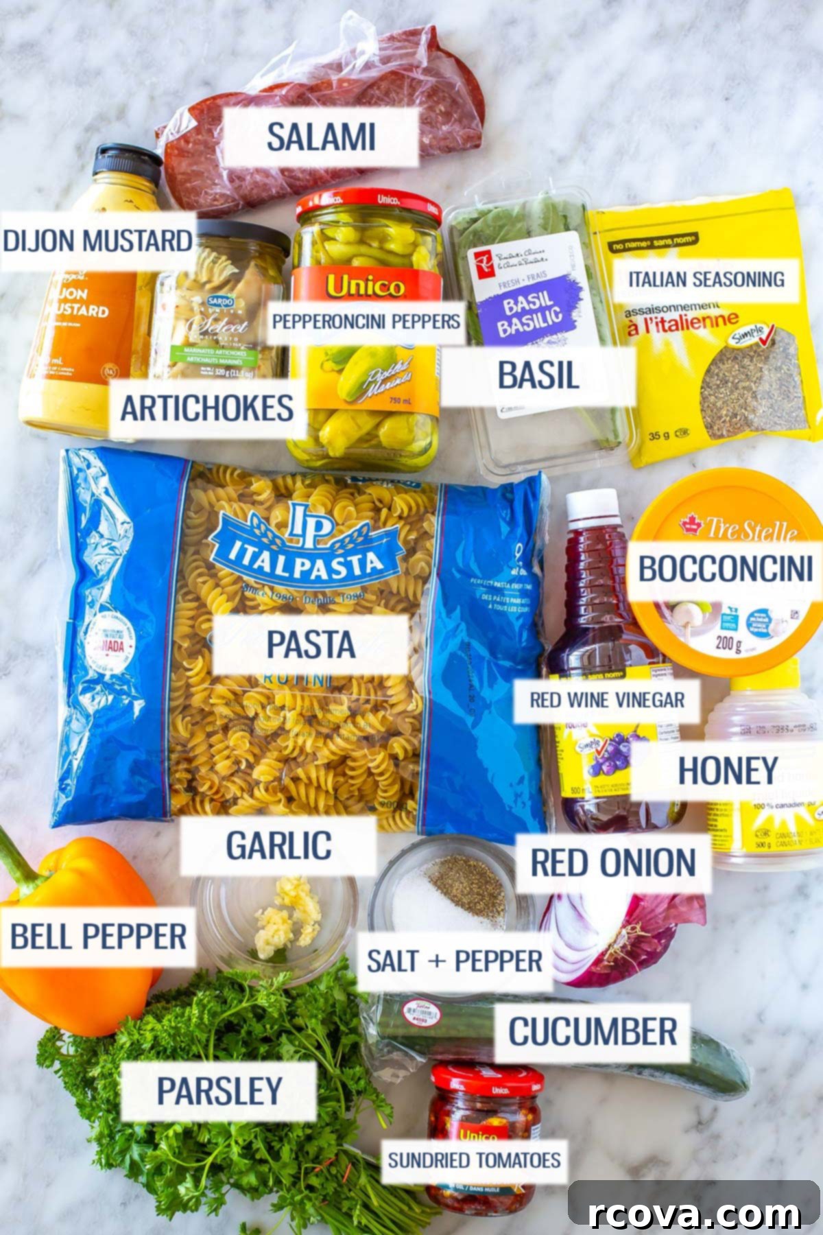 The Ultimate Italian Pasta Salad 4 Ingredients for Italian pasta salad: salami, dijon mustard, artichokes, pepperoncini peppers, basil, Italian seasoning, pasta, red wine vinegar, bocconcini, honey, red onion, garlic, bell pepper, parsley, cucumber, sundried tomatoes and salt and pepper.