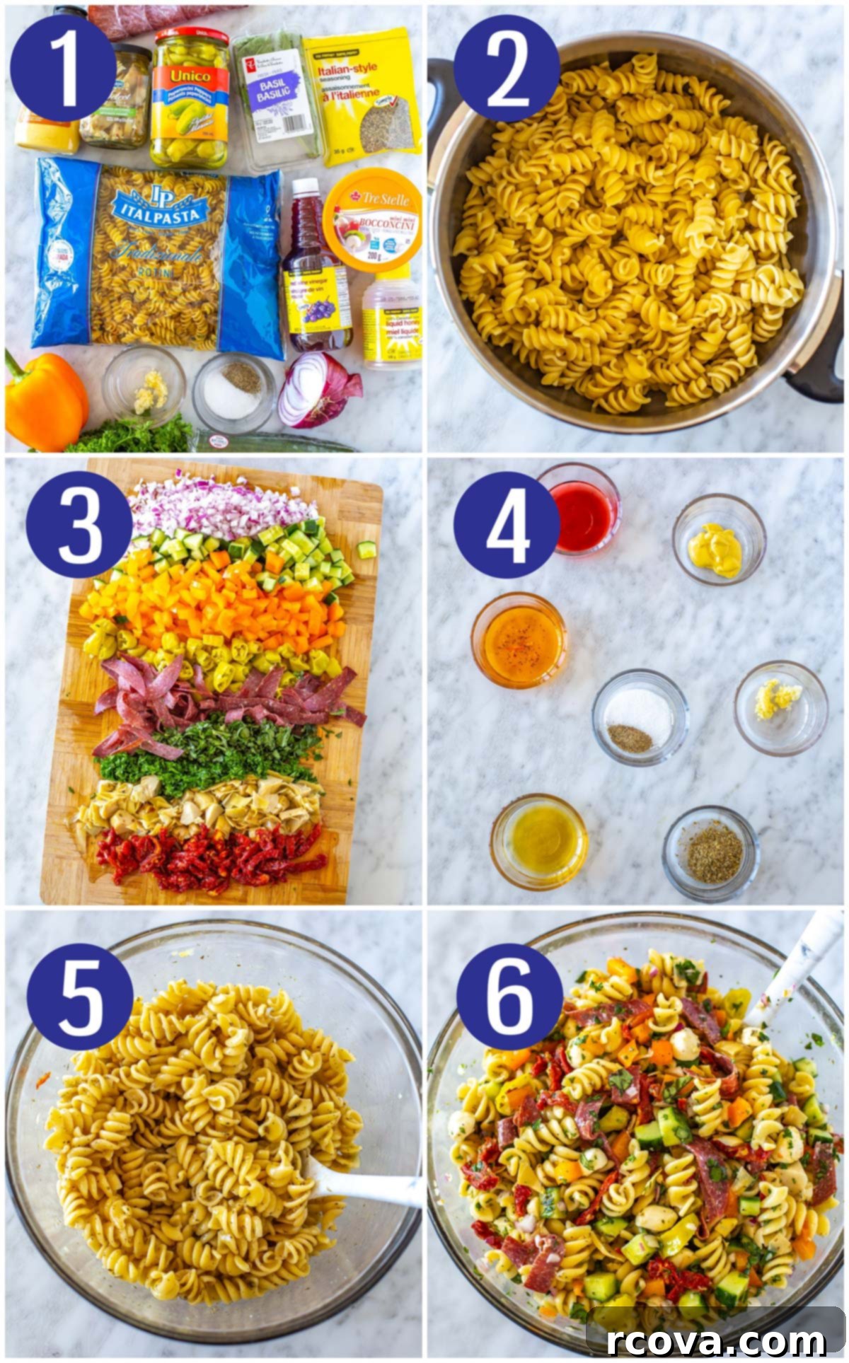 The Ultimate Italian Pasta Salad 5 Step-by-step instructions collage for making pasta salad: assemble ingredients, cook pasta, chop ingredients, mix pasta with dressing, add the rest of the ingredients.