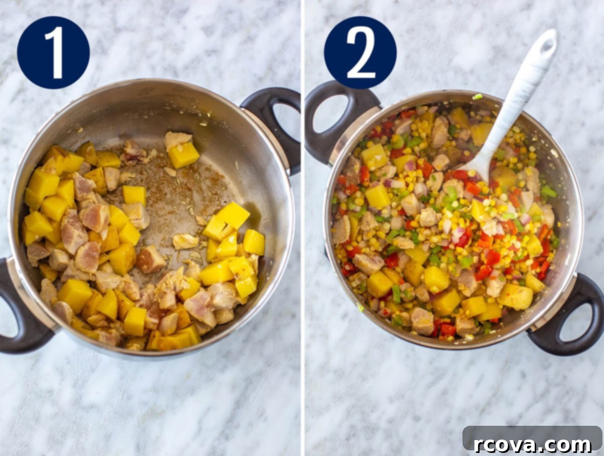 Easy Creamy Chicken Corn Chowder 5 Steps 1 and 2 for making chicken corn chowder, showing browned chicken and potatoes in a pot, then vegetables added to the pot.