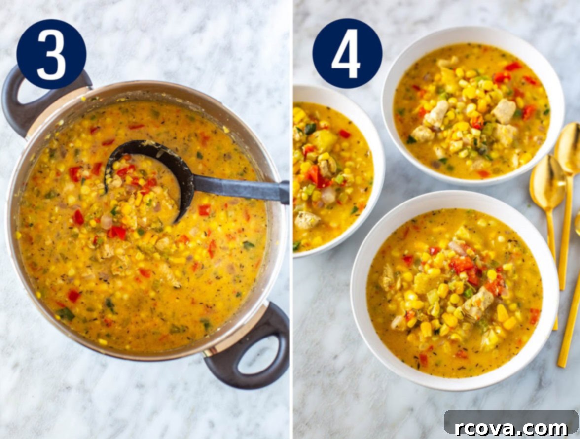 Easy Creamy Chicken Corn Chowder 6 Steps 3 and 4 for making chicken corn chowder, showing broth and spices added, then a blended portion of the soup.
