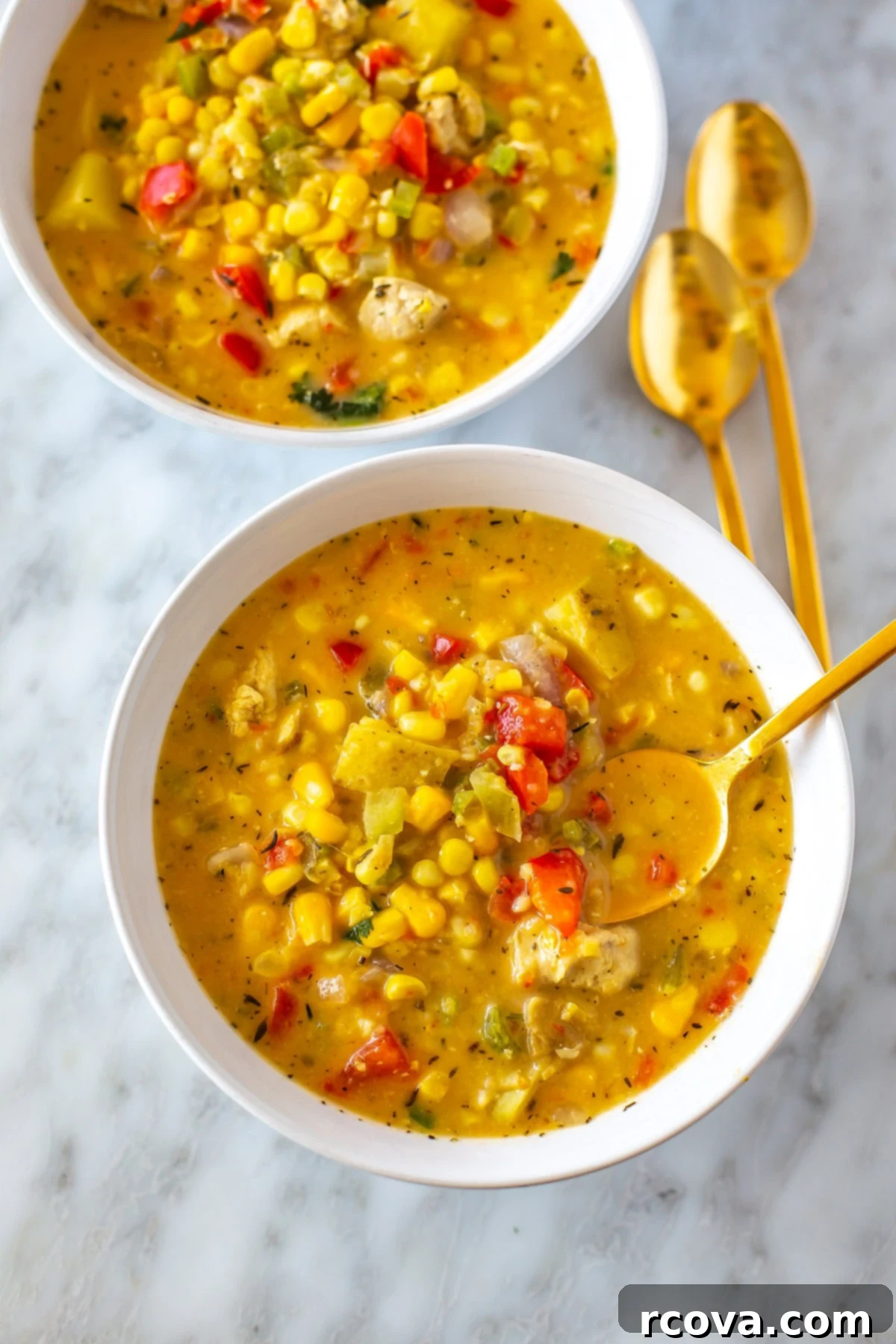 Easy Creamy Chicken Corn Chowder 7 Two bowls of chicken corn chowder with a spoon in one of them, garnished with fresh herbs and crumbled bacon.