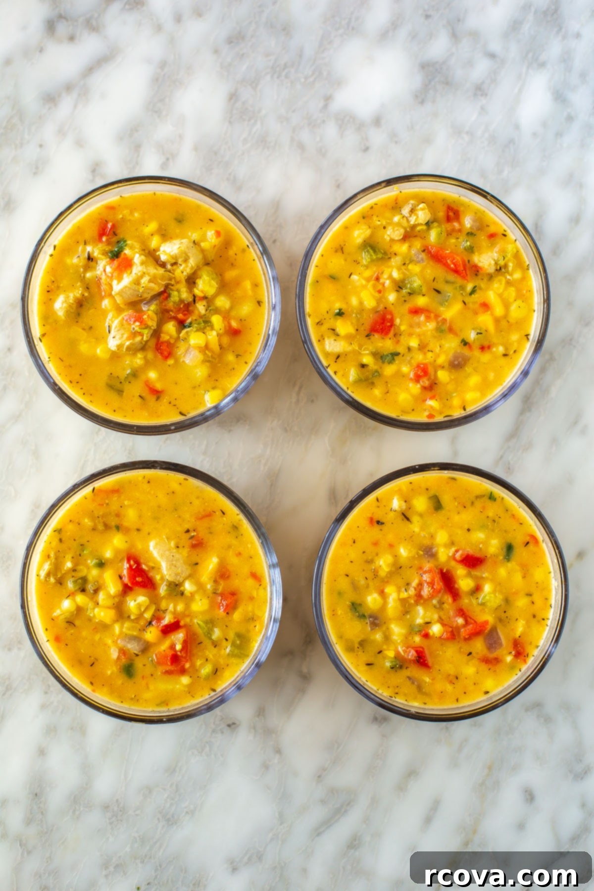Easy Creamy Chicken Corn Chowder 9 Four round glass containers, each filled with chicken corn chowder, ready for meal prep.
